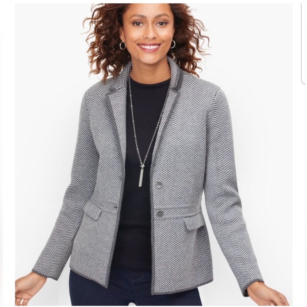 Talbots Pure Merino Wool Grey Herringbone Sweater Jacket Blazer, small